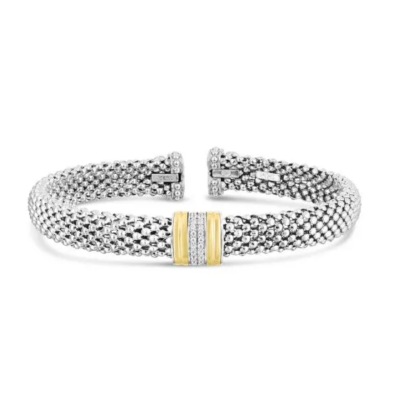 Diamond Popcorn Bar Cuff Bangle in Sterling Silver & 18K Gold