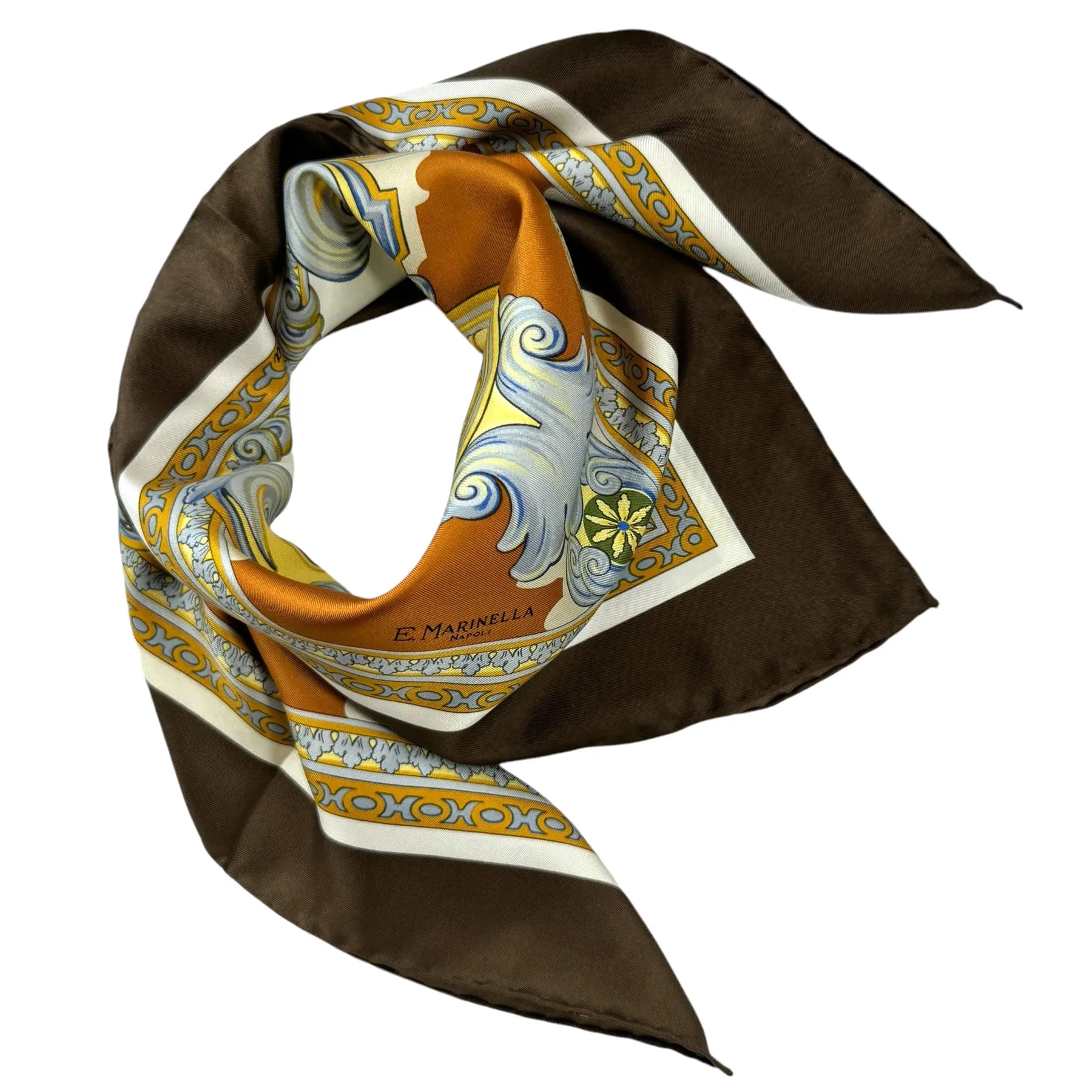 E. Marinella Scarf Brown Il Chiostro - Twill Silk Square Foulard SALE