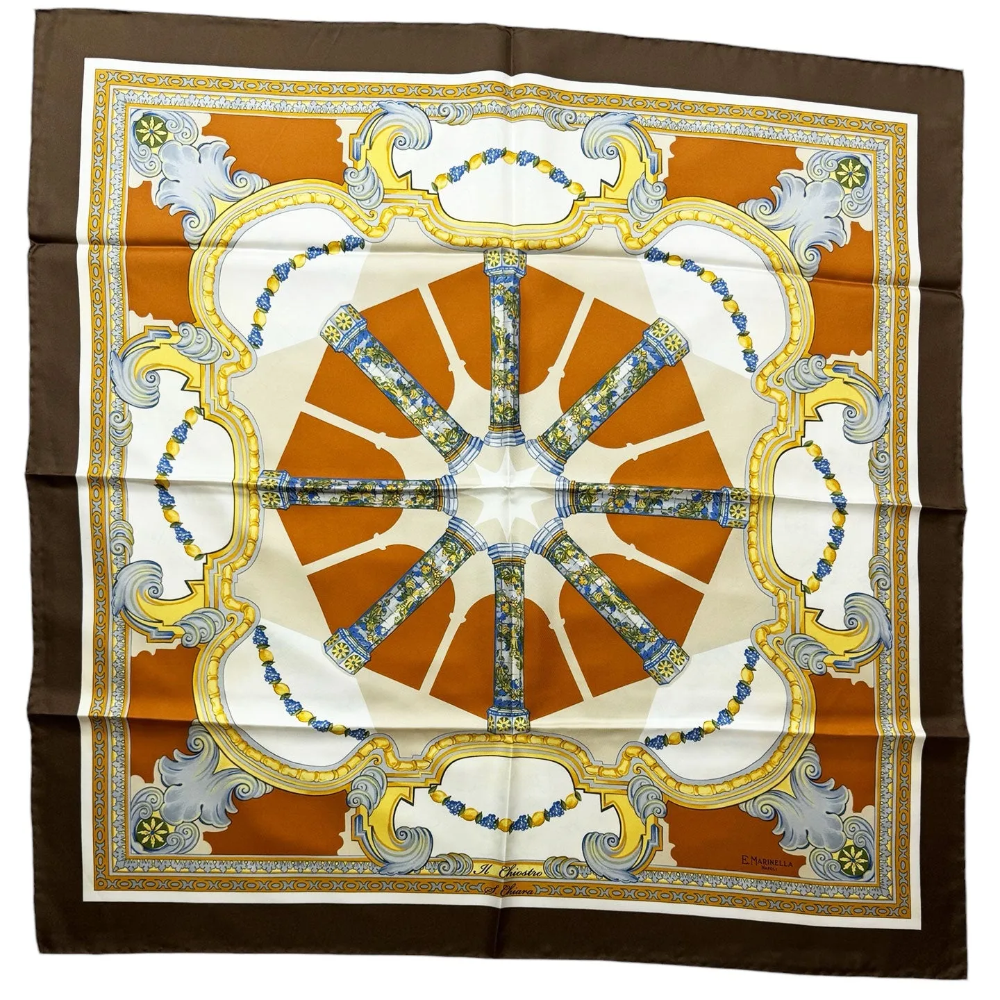 E. Marinella Scarf Brown Il Chiostro - Twill Silk Square Foulard SALE