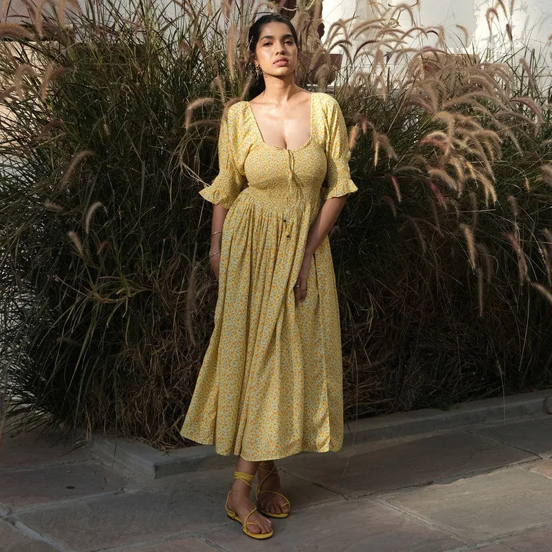 Ecovero Dress For Women | Elastic Cuffs | Puff Sleeves | Yellow