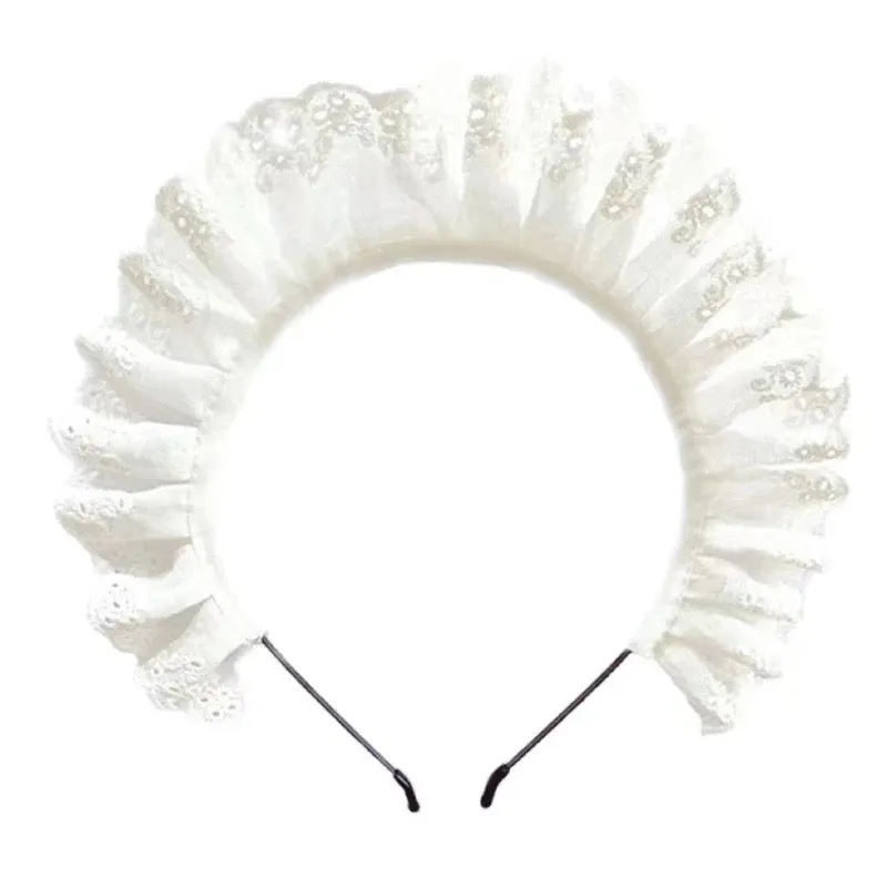 Fabric Pleated Lace Lolita Cosplay Maid Headband - White (Style 1)