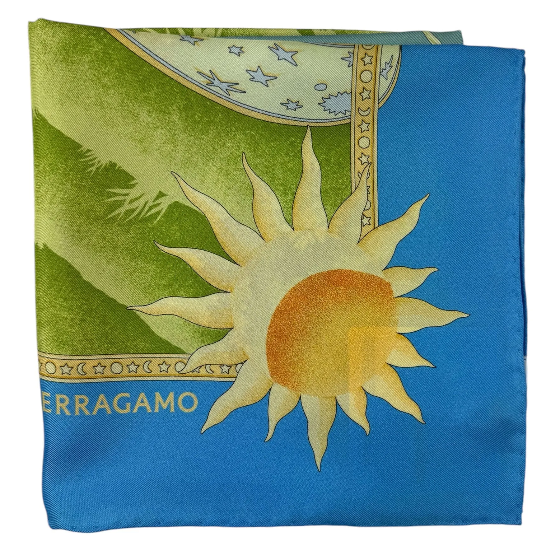 Ferragamo Scarf Blue Lime Day & Night Design - Twill Silk Foulard - New 2024 Collection