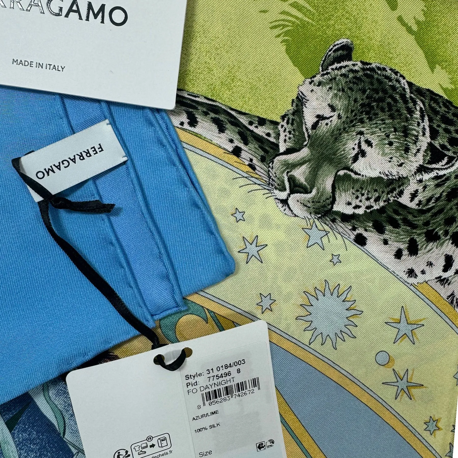 Ferragamo Scarf Blue Lime Day & Night Design - Twill Silk Foulard - New 2024 Collection