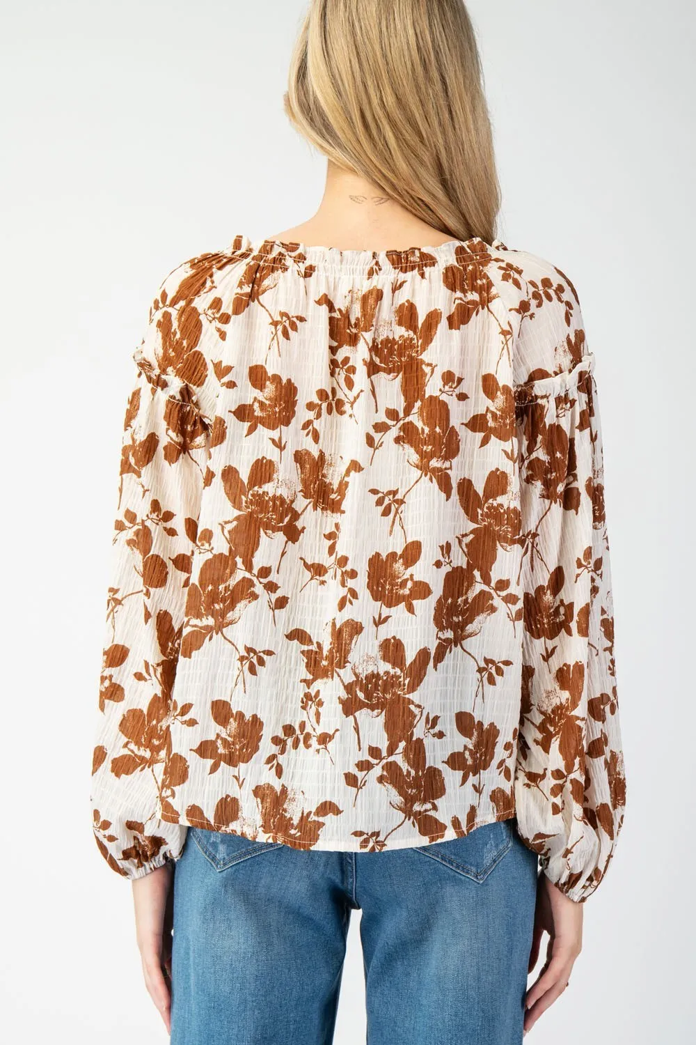 Floral printed crinkle long sleeve blouse top