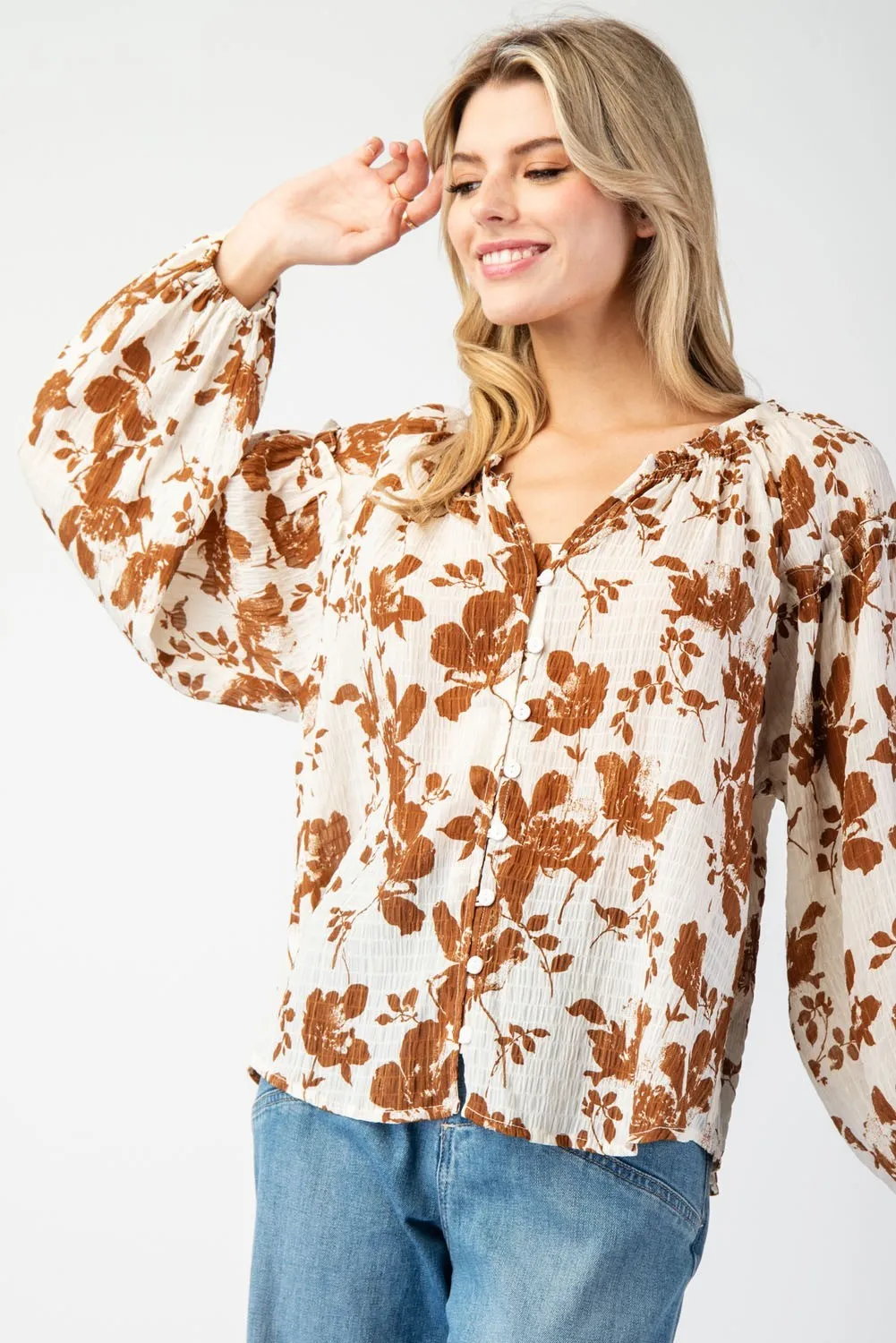 Floral printed crinkle long sleeve blouse top