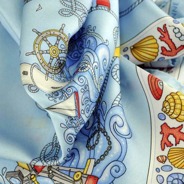 FRENCH SILK SCARF - NAUTICAL - Crystal Blue - 27x27"