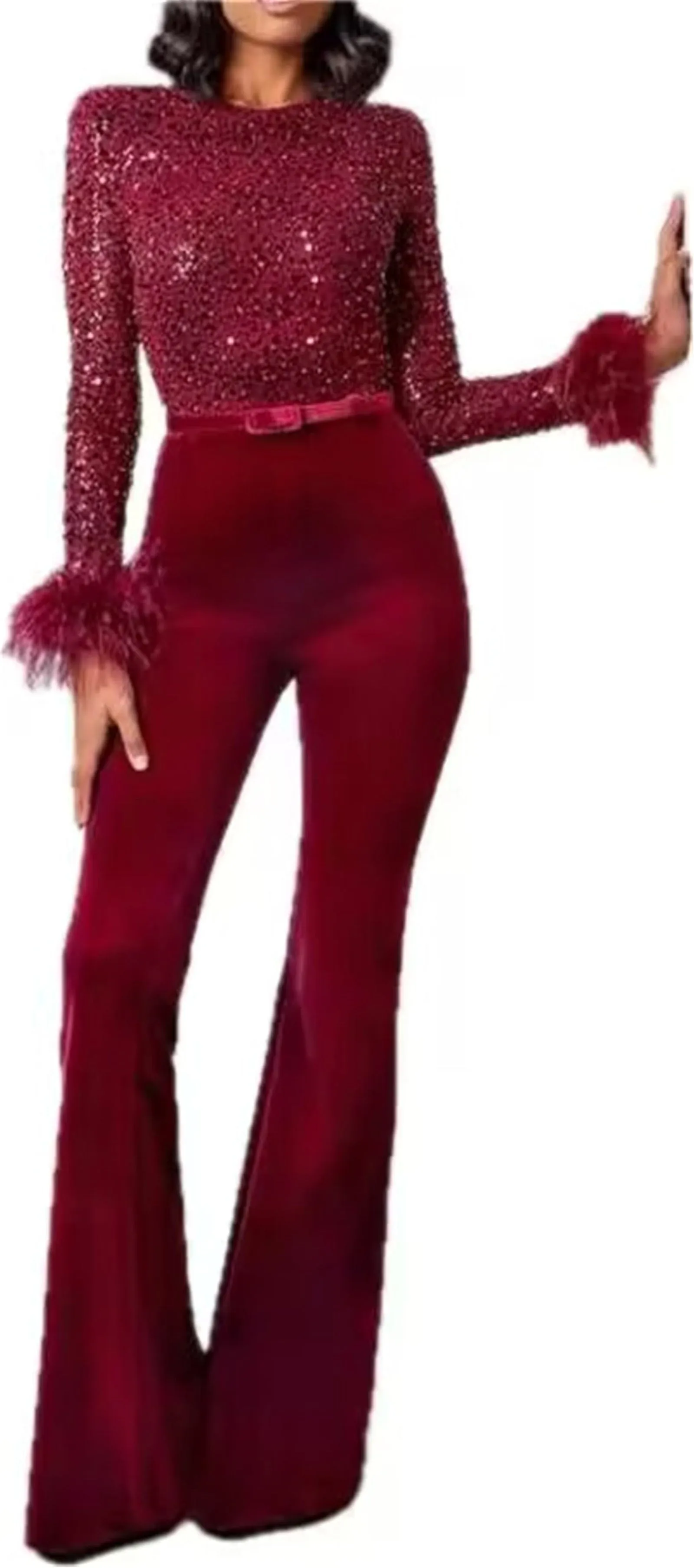 FURINFASHION HU-03 Fashionable Ostrich Fur Cuffs Long Sleeved Patchwork Women's Jumpsuit