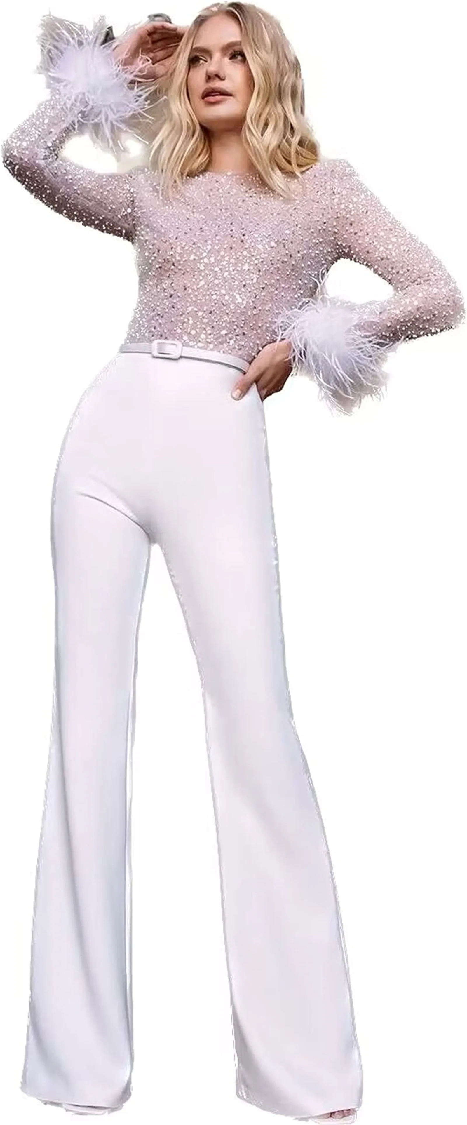 FURINFASHION HU-03 Fashionable Ostrich Fur Cuffs Long Sleeved Patchwork Women's Jumpsuit