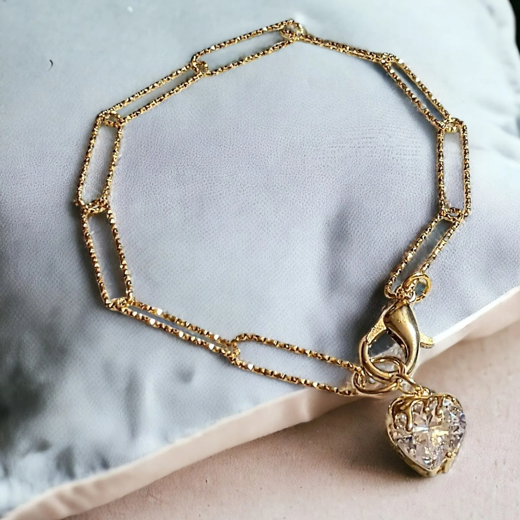 Gold CZ Melting Heart Paperclip Chain Bracelet