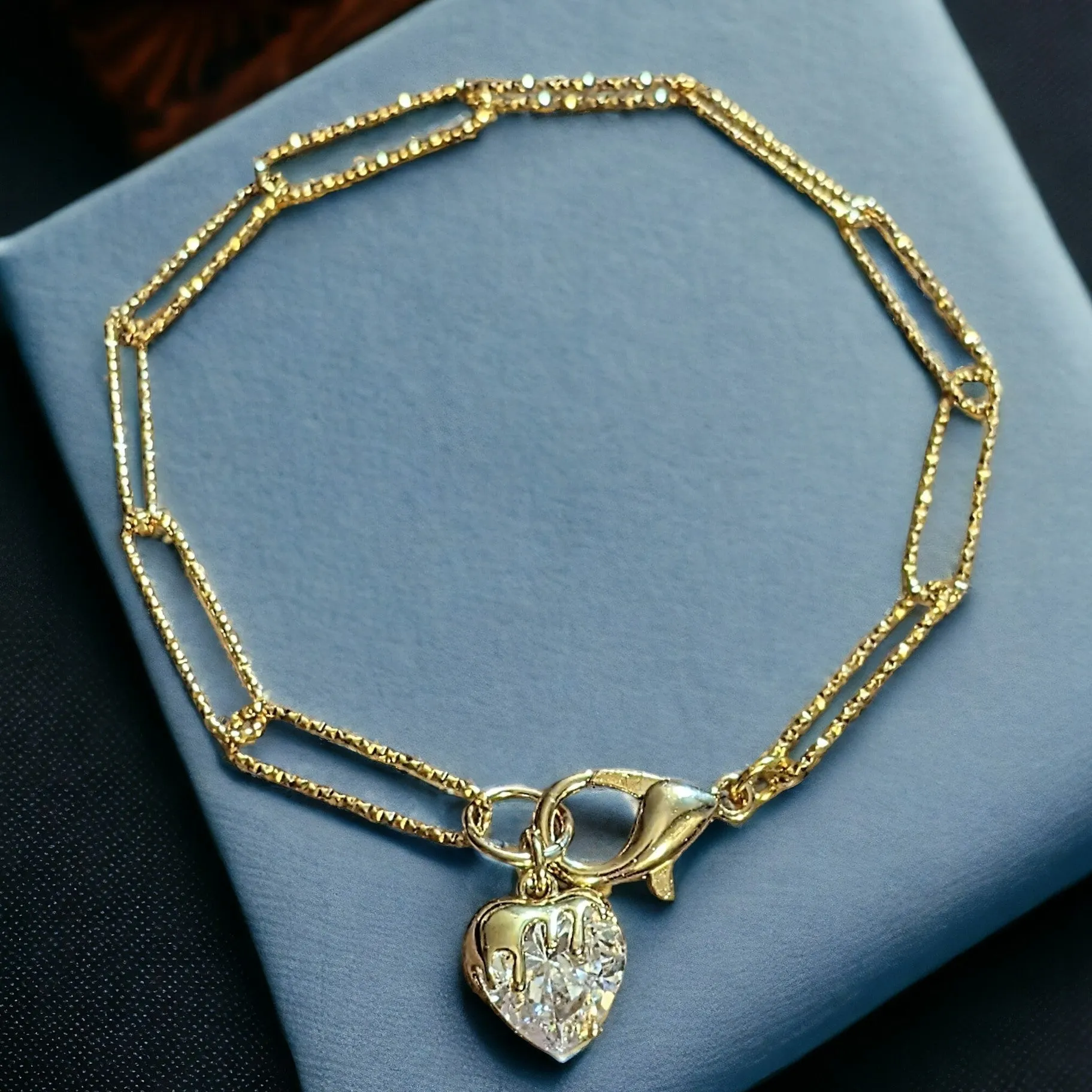 Gold CZ Melting Heart Paperclip Chain Bracelet