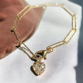 Gold CZ Melting Heart Paperclip Chain Bracelet