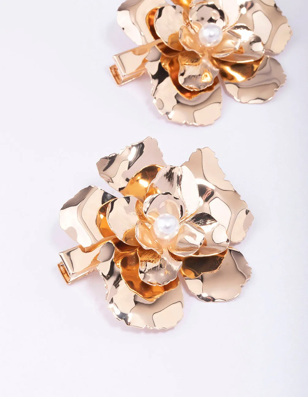 Gold Large Flower Pearl Hair Clip Pack