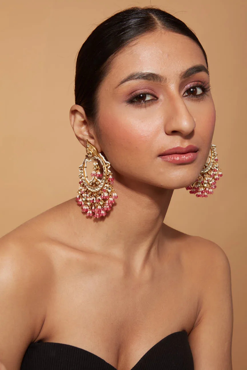 Gold Plated Kundan Studded Pink Bead Drop Chaandbali Earrings