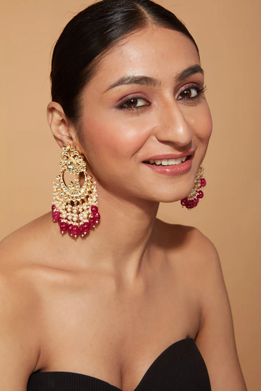 Gold Plated Kundan Studded Red Bead Drop Chaandbali Earrings