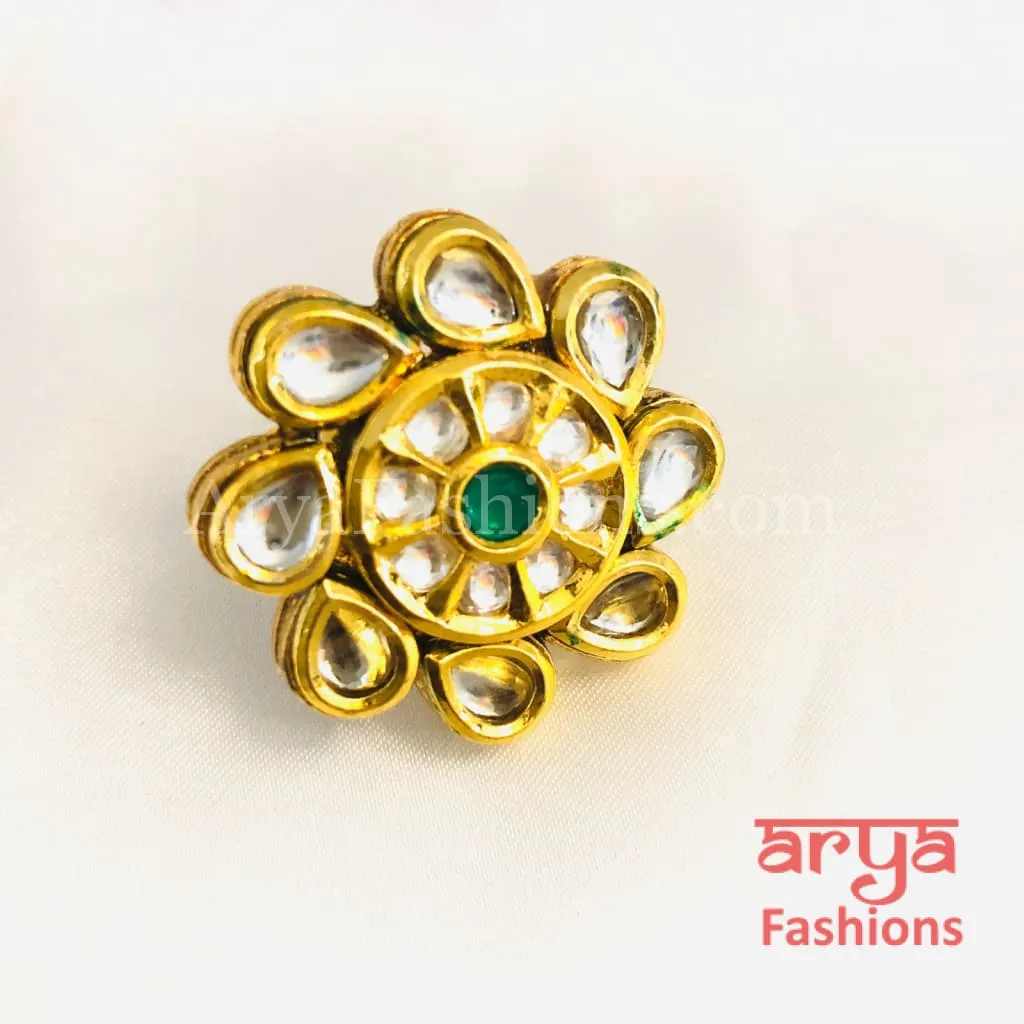 Golden Ruby Kundan Meenakari Ring