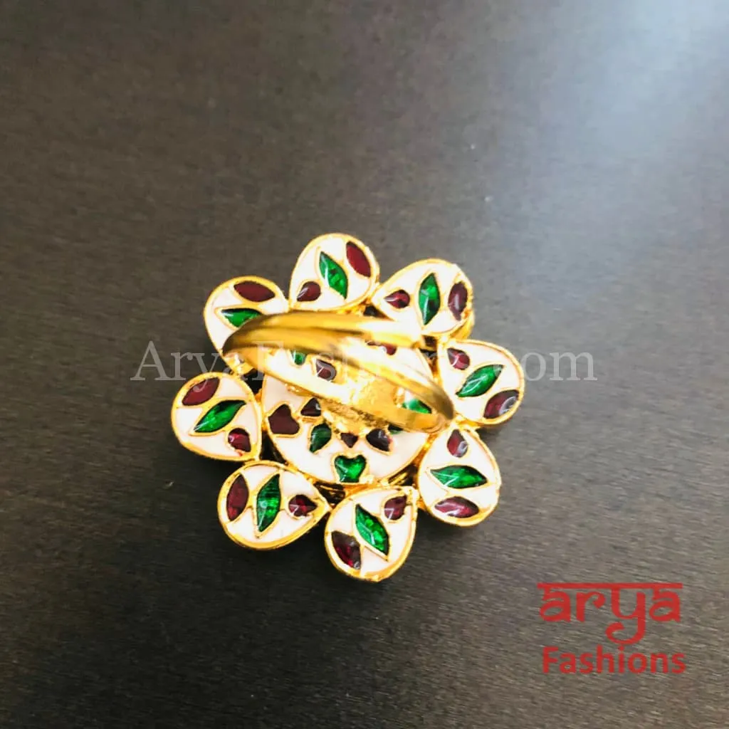 Golden Ruby Kundan Meenakari Ring