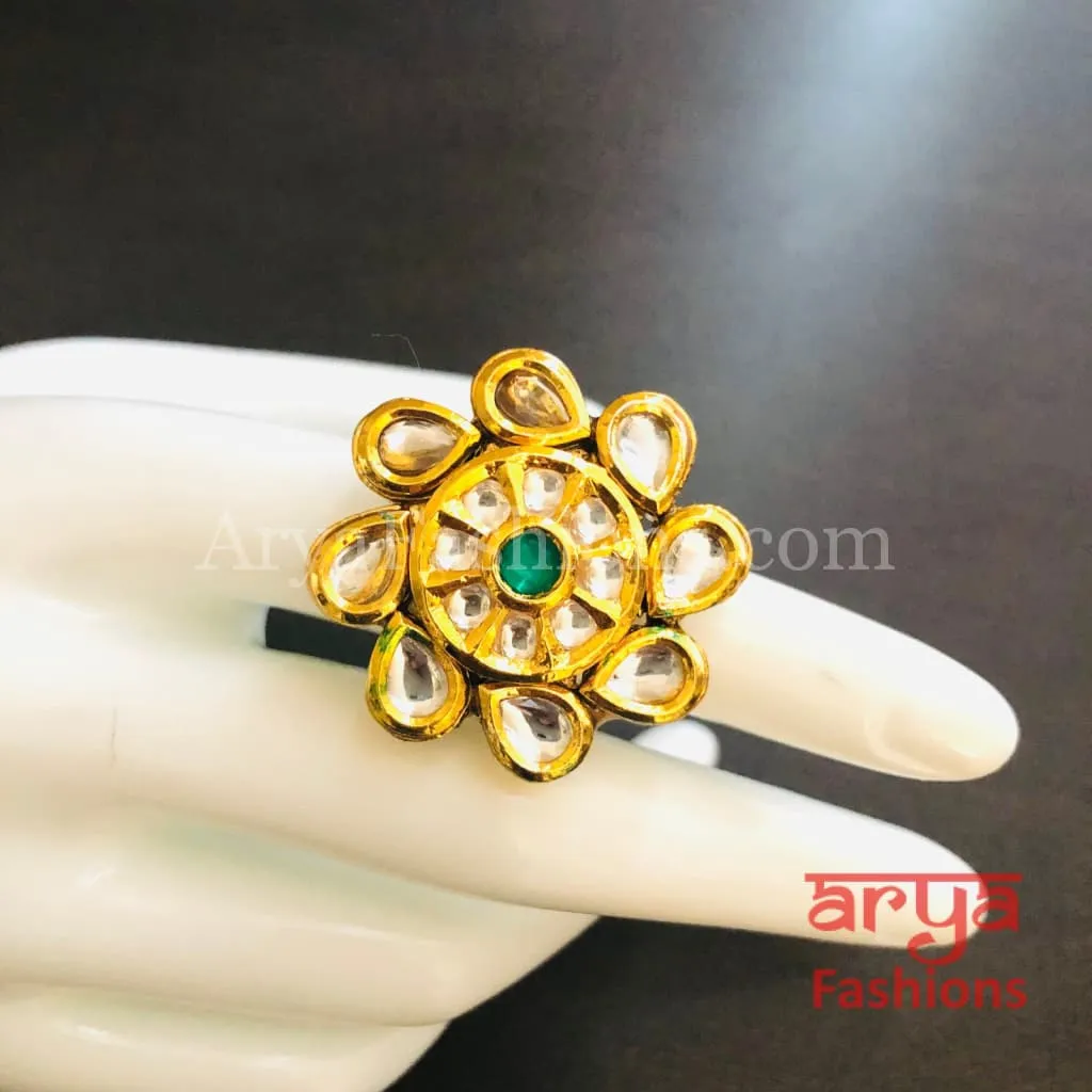 Golden Ruby Kundan Meenakari Ring