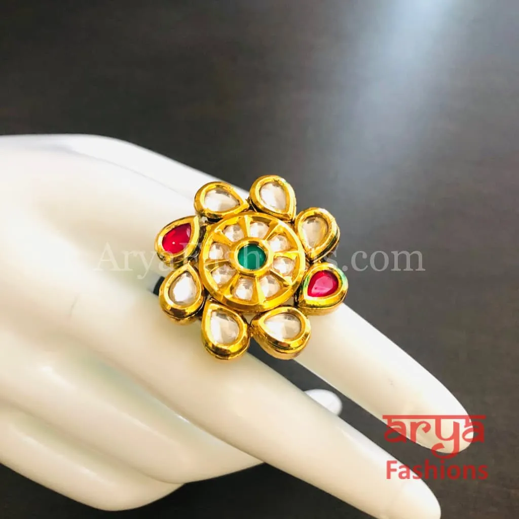 Golden Ruby Kundan Meenakari Ring