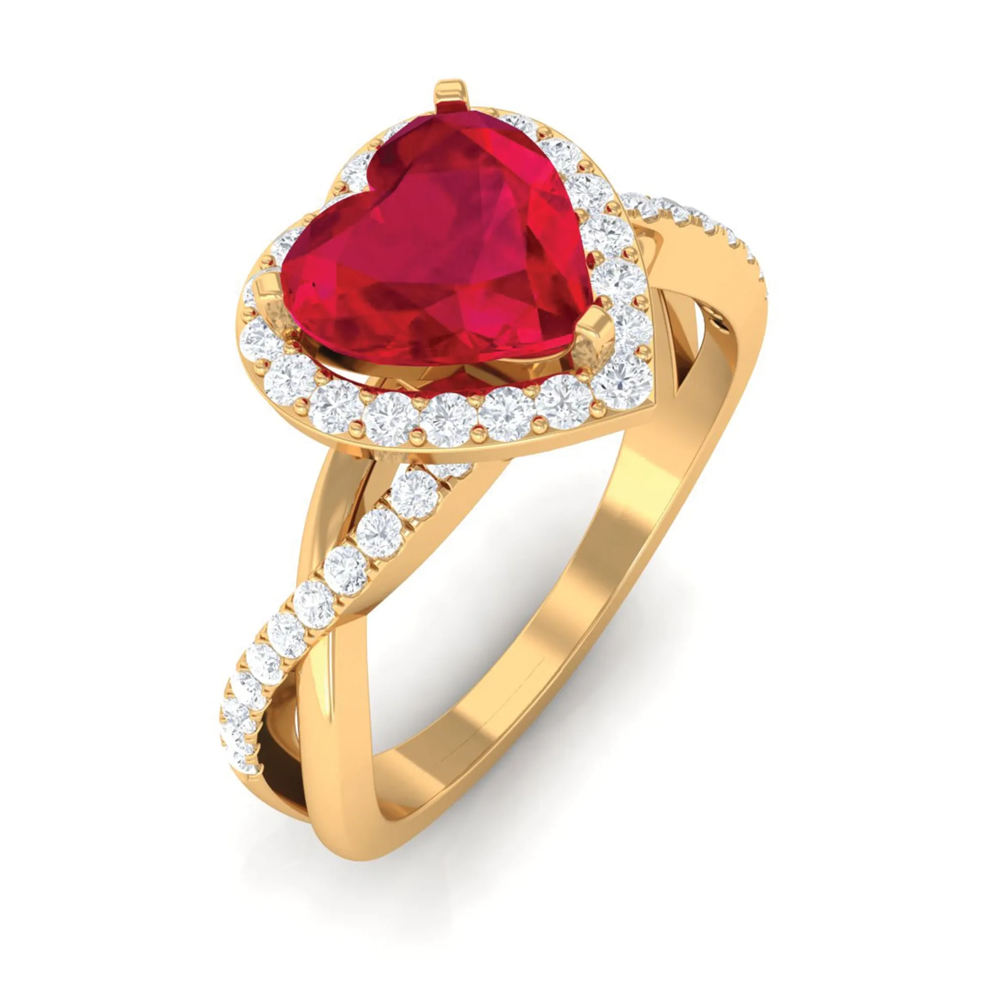 Heart Shape Created Ruby Crossover Engagement Ring with Diamond