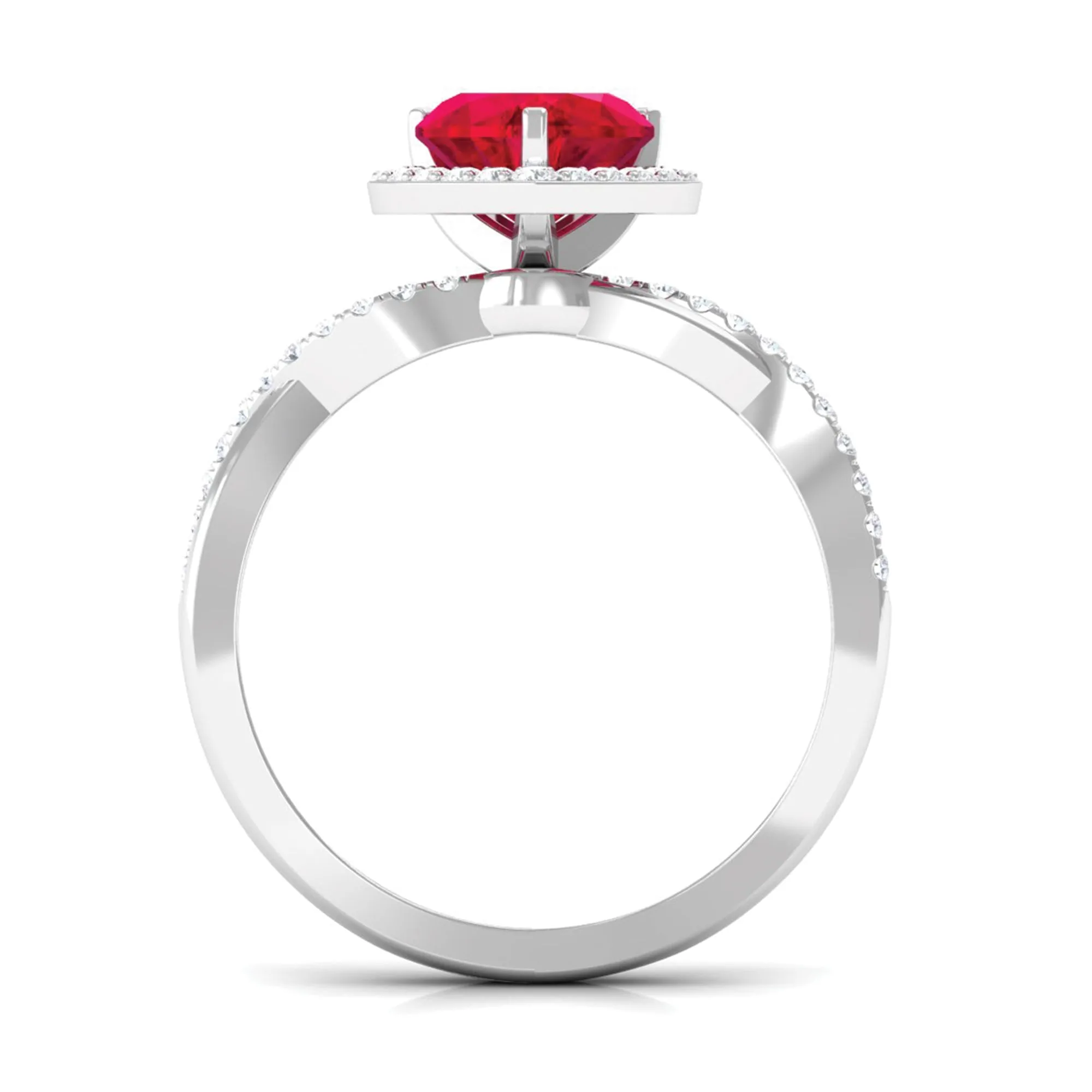 Heart Shape Created Ruby Crossover Engagement Ring with Diamond