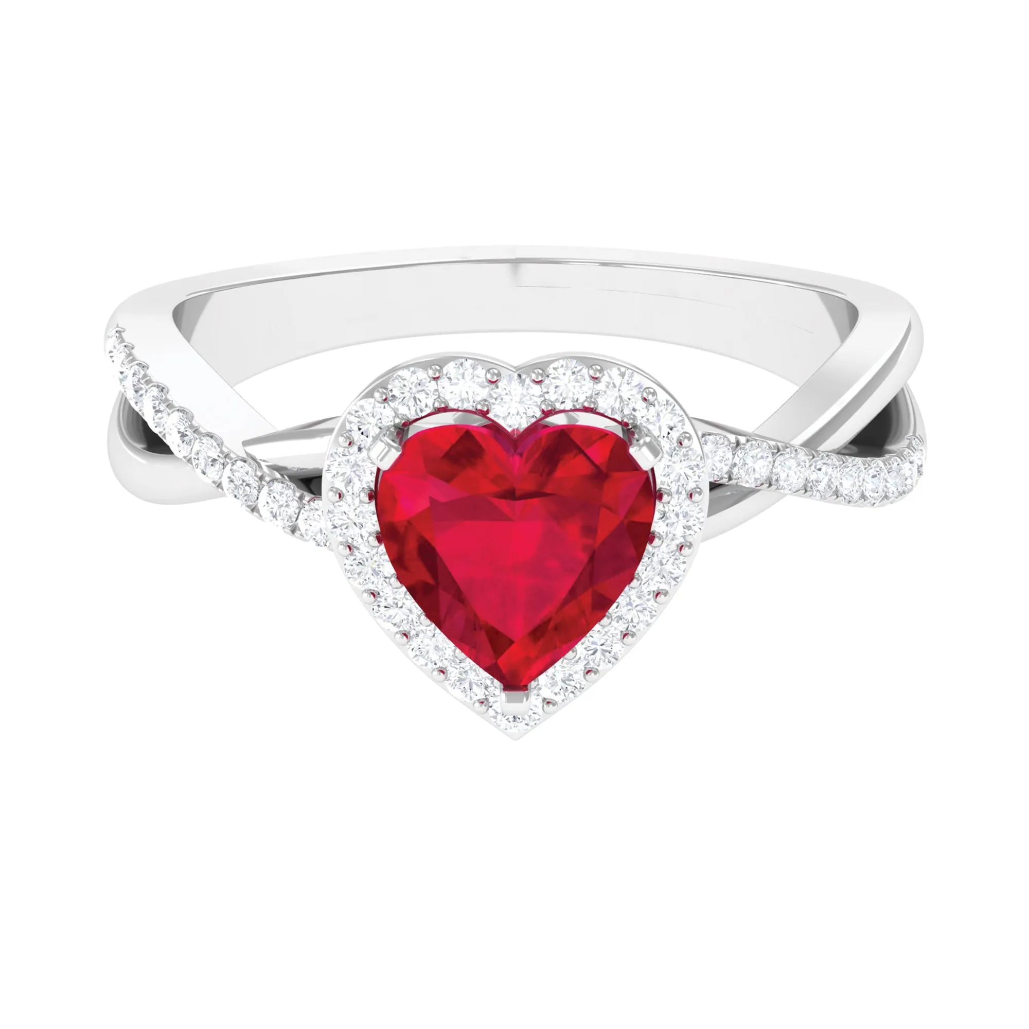 Heart Shape Created Ruby Crossover Engagement Ring with Diamond