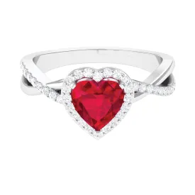 Heart Shape Created Ruby Crossover Engagement Ring with Diamond