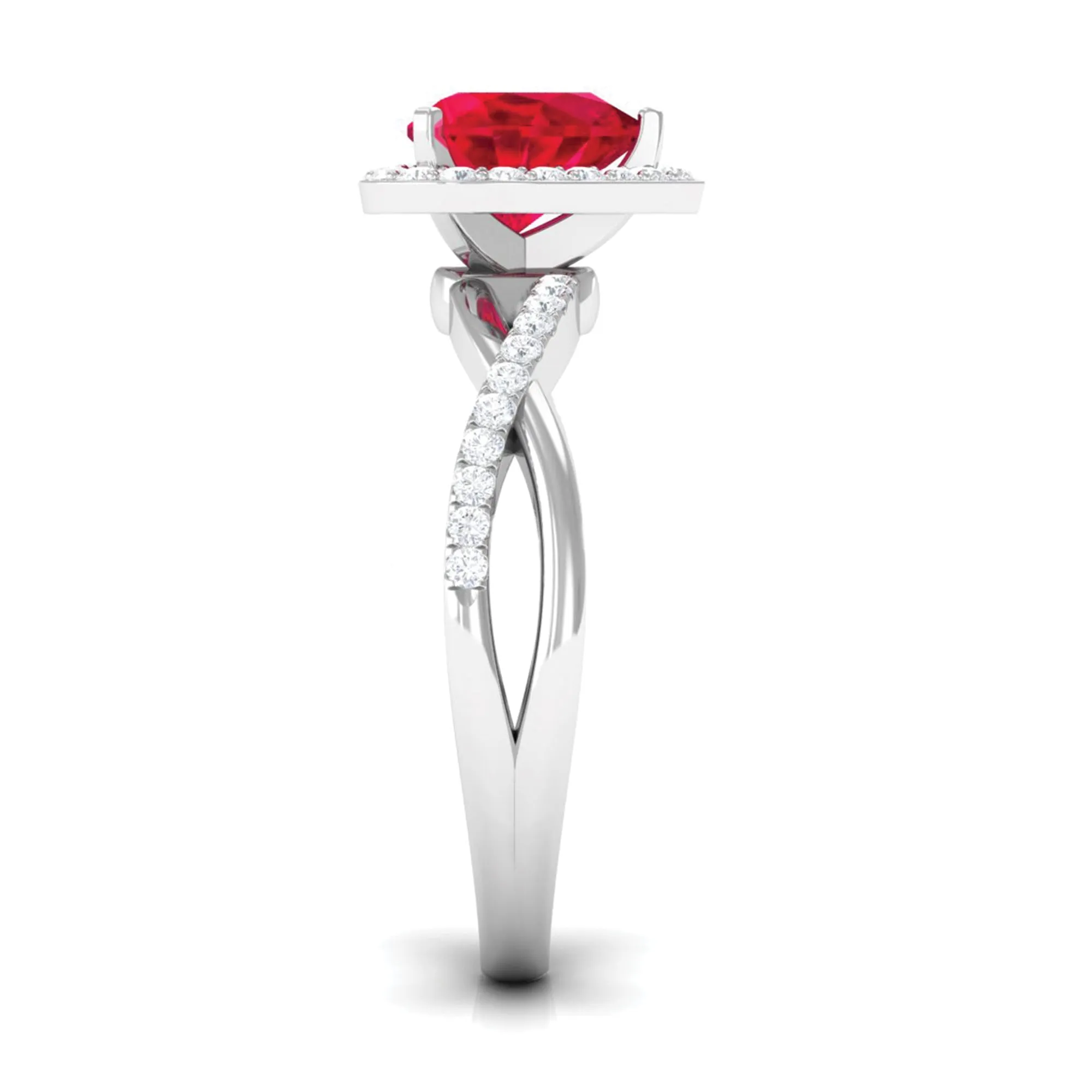 Heart Shape Created Ruby Crossover Engagement Ring with Diamond