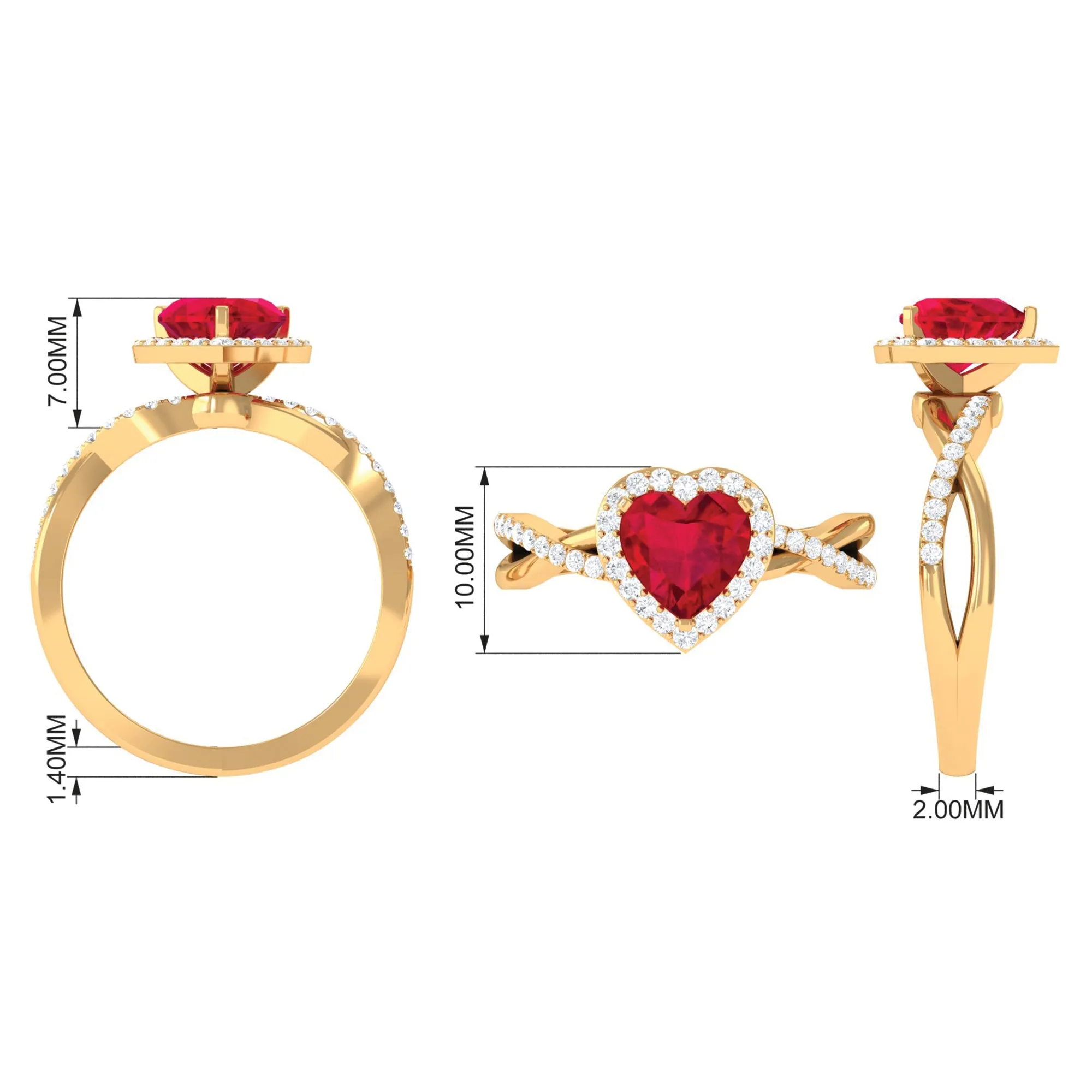 Heart Shape Created Ruby Crossover Engagement Ring with Diamond