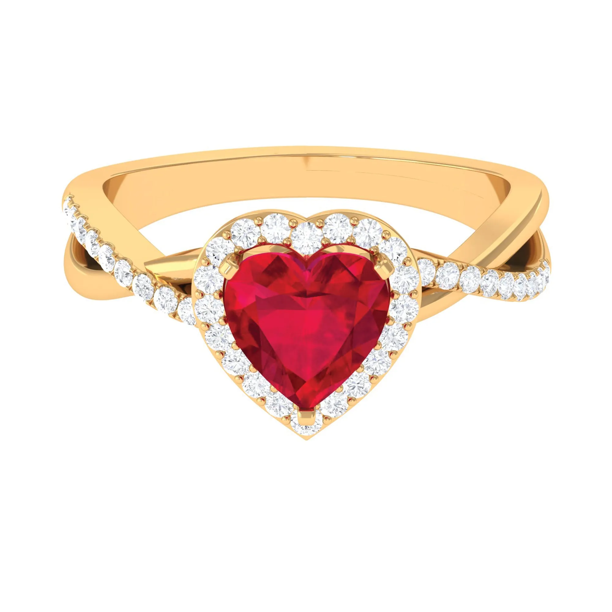 Heart Shape Created Ruby Crossover Engagement Ring with Diamond