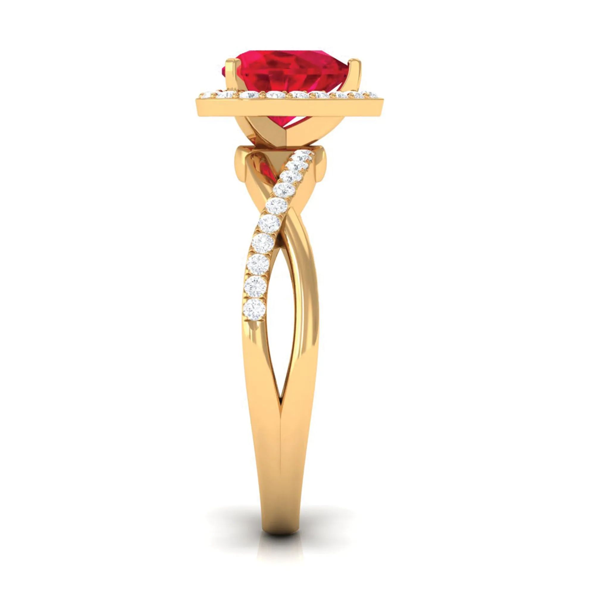 Heart Shape Created Ruby Crossover Engagement Ring with Diamond