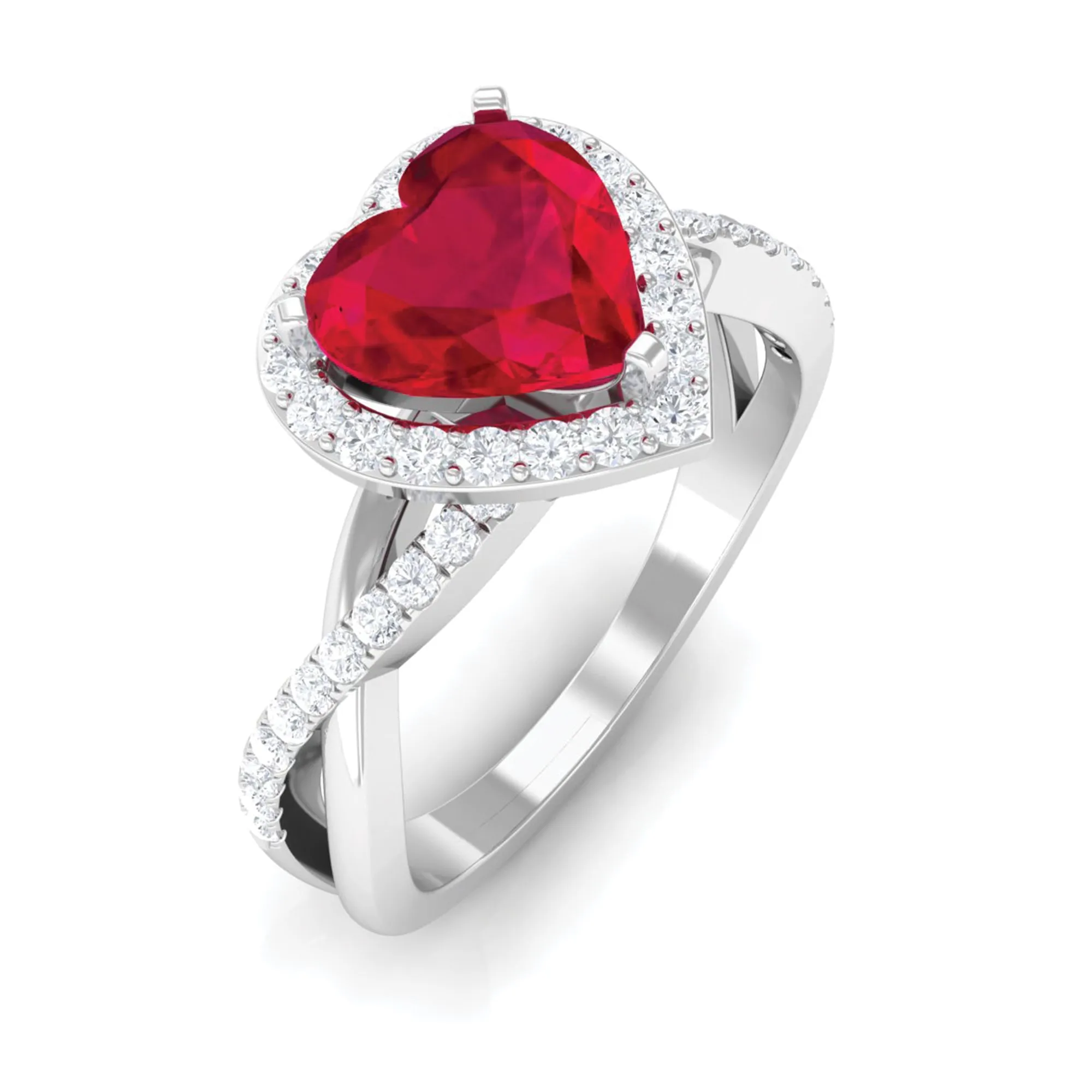 Heart Shape Created Ruby Crossover Engagement Ring with Diamond