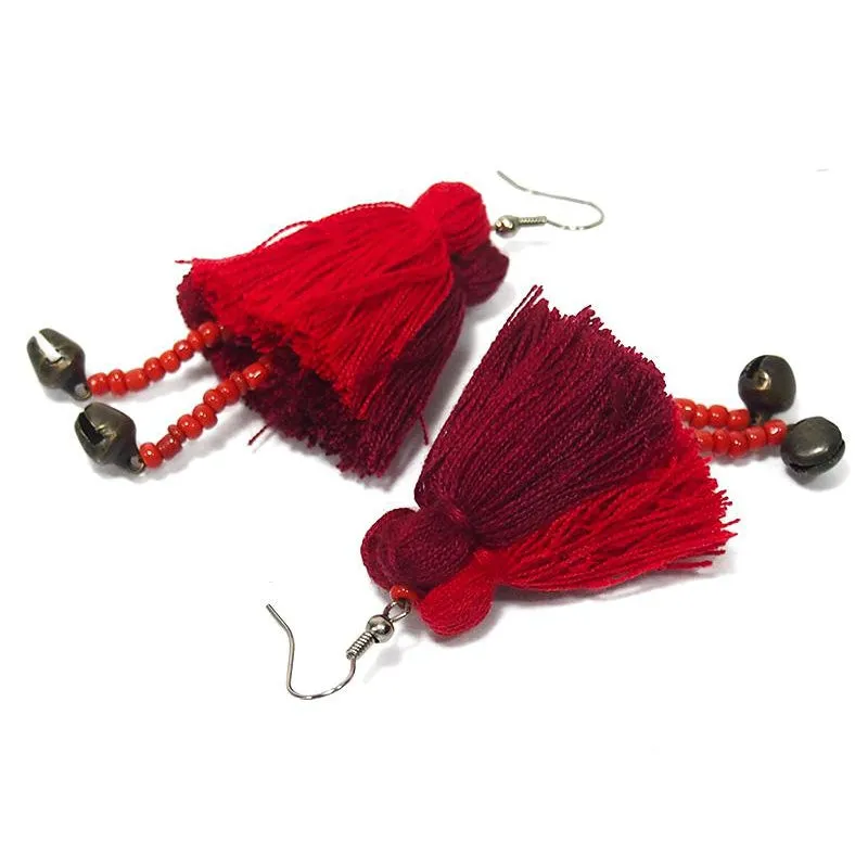 Hilltribe Triple Tassel Earrings With Bells, B