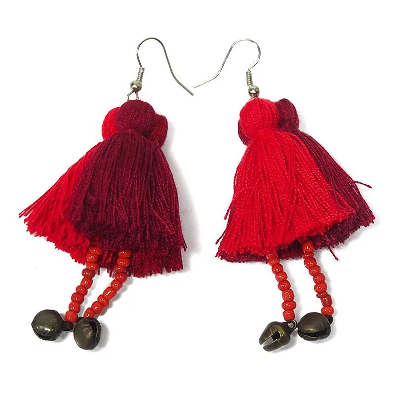 Hilltribe Triple Tassel Earrings With Bells, B