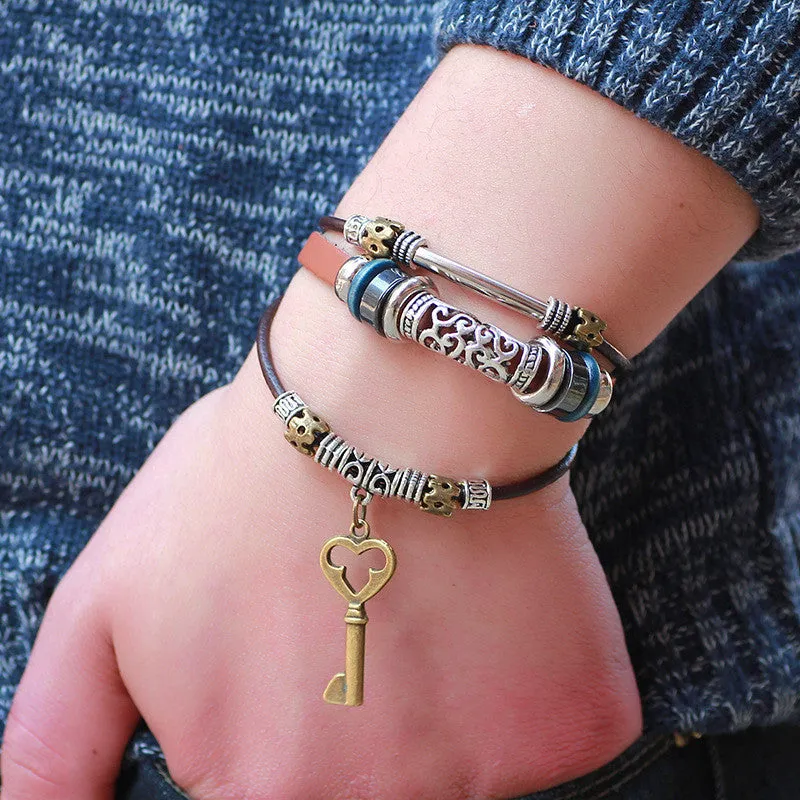 Hot Women Braid Genuine Multilayer Leather bracelet Charm key brass Bracelets Bangles Jewelry pulseras hombre