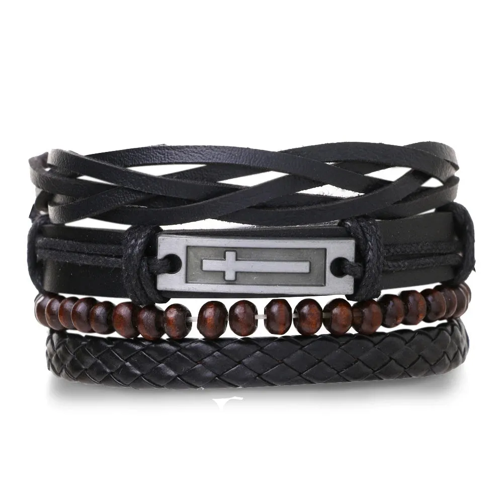 IFMIA Fashion New 4 Pcs/set Guitar Cross Leaf Charm Weave Leather Men Bracelets For Women Homme Femme Male Jewelry Wholesale