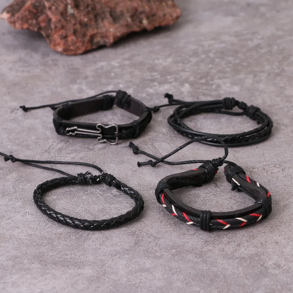 IFMIA Fashion New 4 Pcs/set Guitar Cross Leaf Charm Weave Leather Men Bracelets For Women Homme Femme Male Jewelry Wholesale