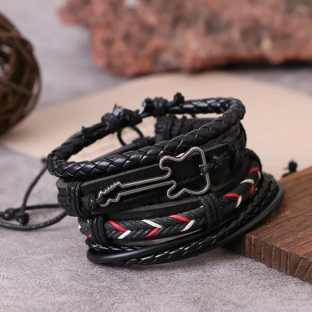 IFMIA Fashion New 4 Pcs/set Guitar Cross Leaf Charm Weave Leather Men Bracelets For Women Homme Femme Male Jewelry Wholesale