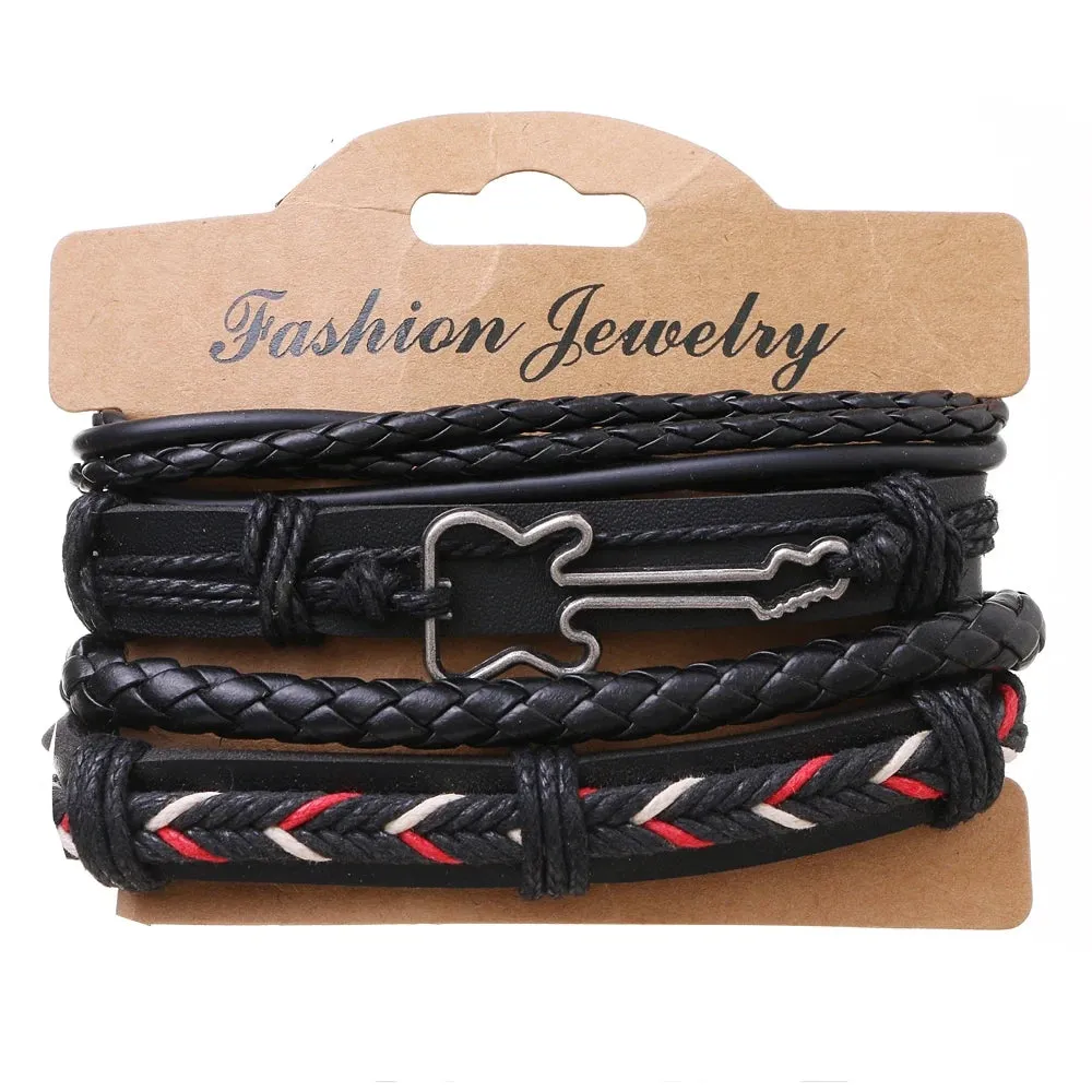 IFMIA Fashion New 4 Pcs/set Guitar Cross Leaf Charm Weave Leather Men Bracelets For Women Homme Femme Male Jewelry Wholesale