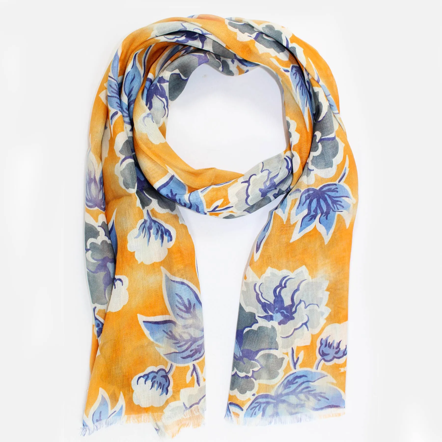 Kiton Linen Silk Scarf Orange Blue Floral - Women Collection