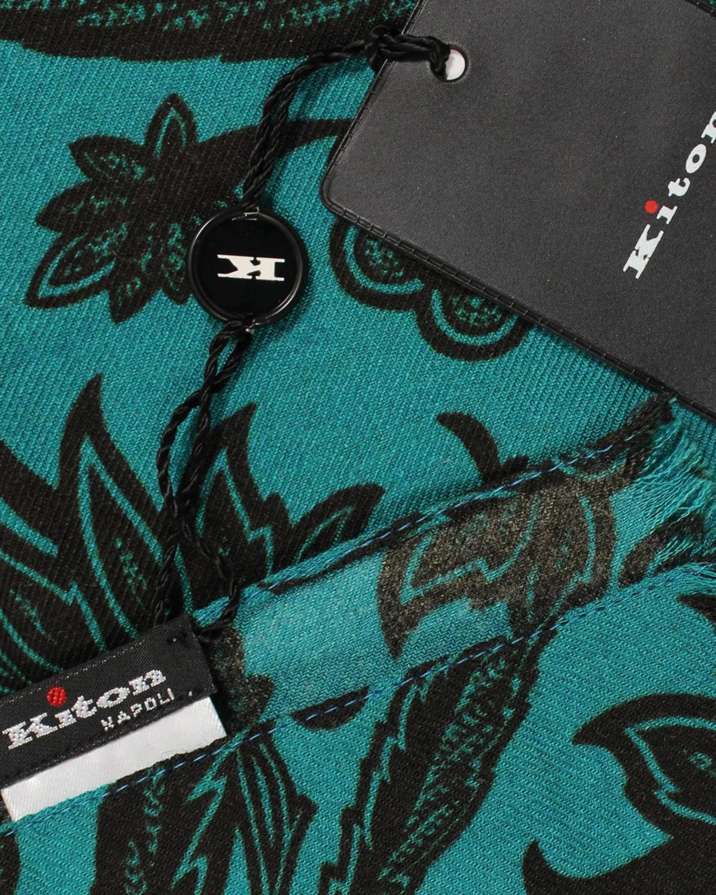 Kiton Wool Silk Scarf Teal Black Floral Men Collection SALE