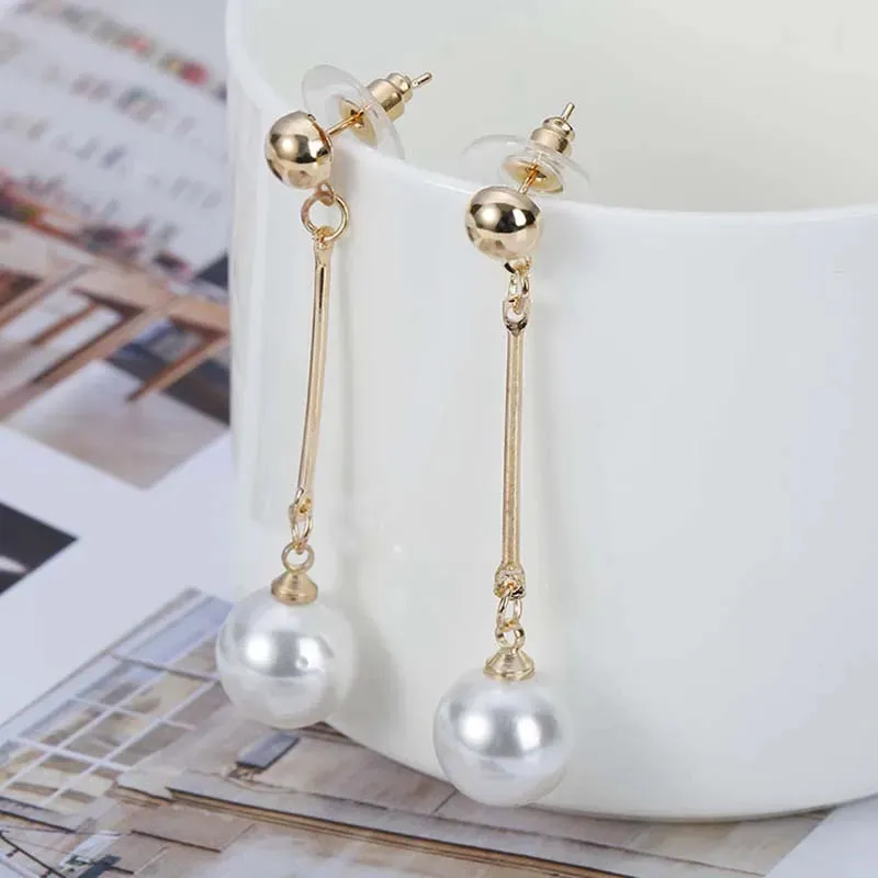 Korean Simulated Pearl Long Tassel Bar Drop Earrings For Women OL Style Sweet Dangle Brincos Party Jewelry Gift Wholesale EB478