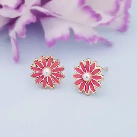 Kriaa Pink Enamel And Pearl Gold Plated Stud Earrings - 1312869E