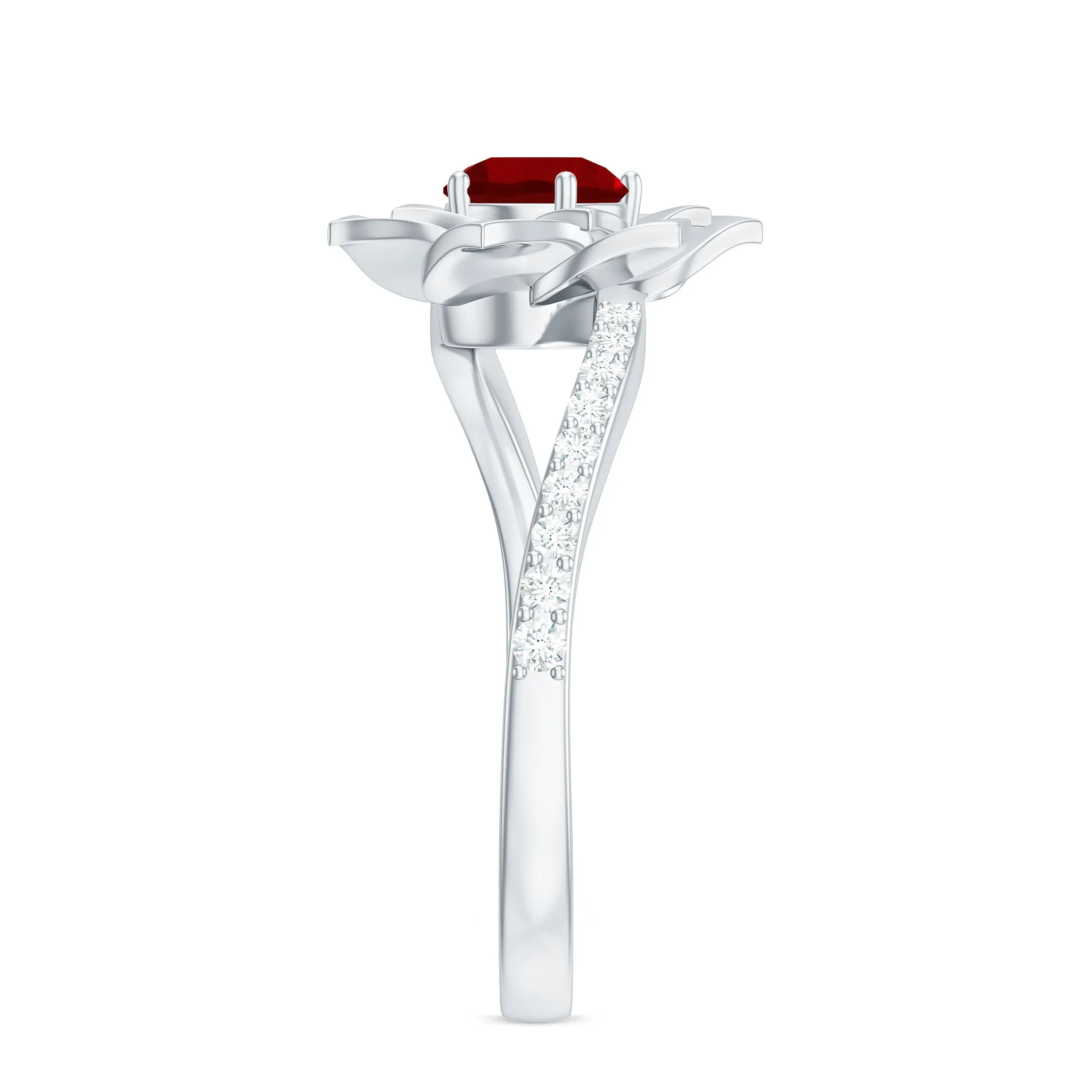 Lab-Created Ruby and Diamond Flower Ring in Bypass Shank