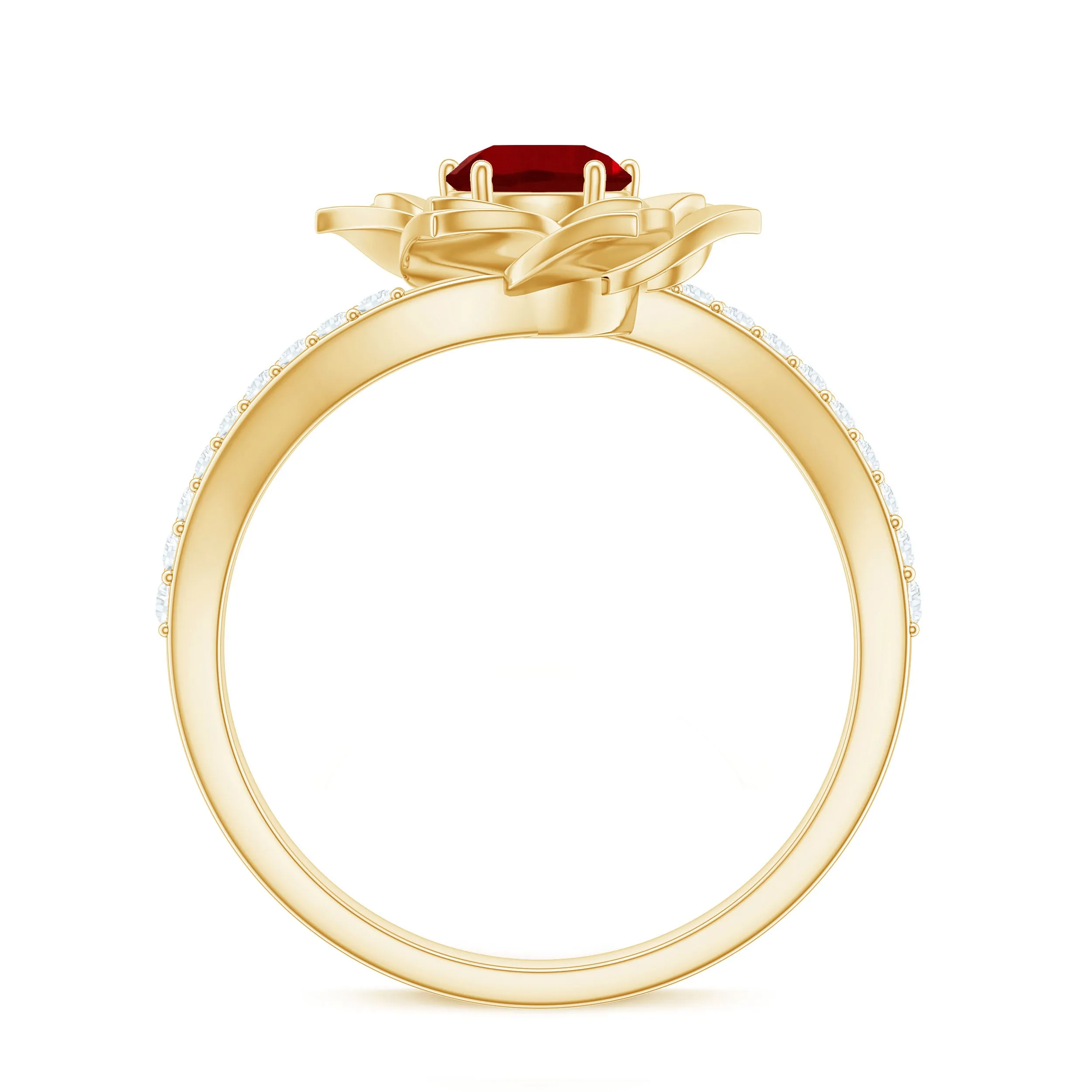 Lab-Created Ruby and Diamond Flower Ring in Bypass Shank