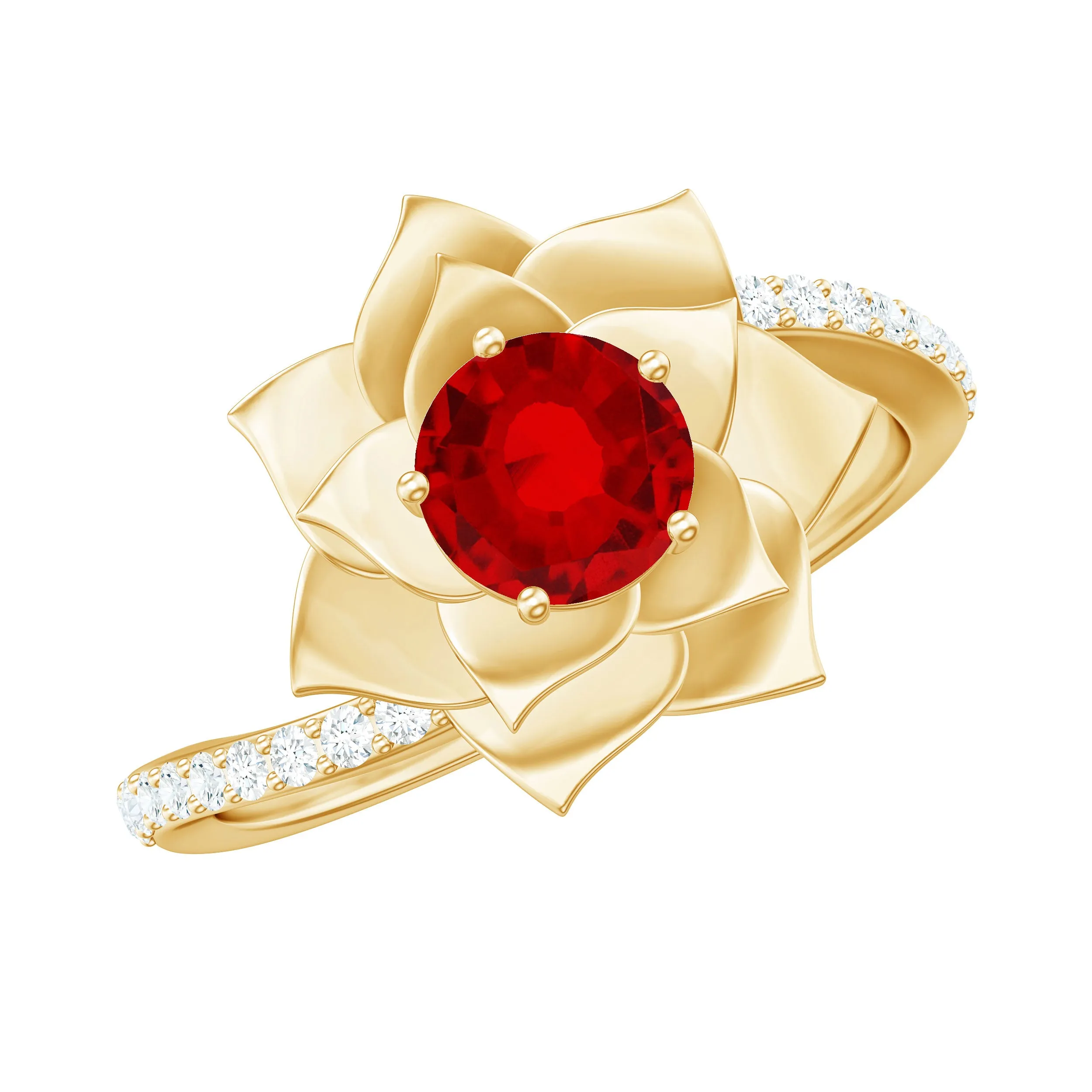 Lab-Created Ruby and Diamond Flower Ring in Bypass Shank