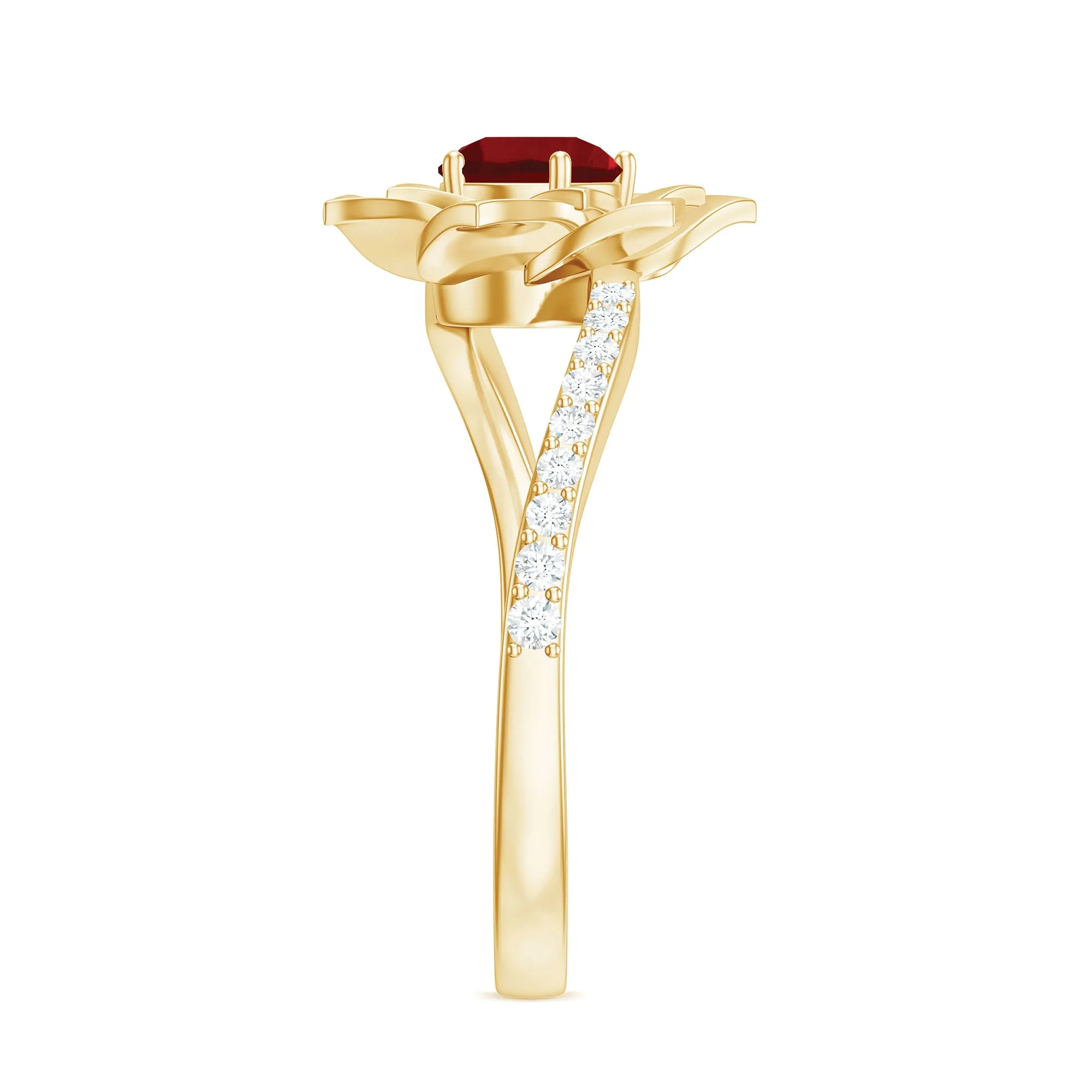 Lab-Created Ruby and Diamond Flower Ring in Bypass Shank