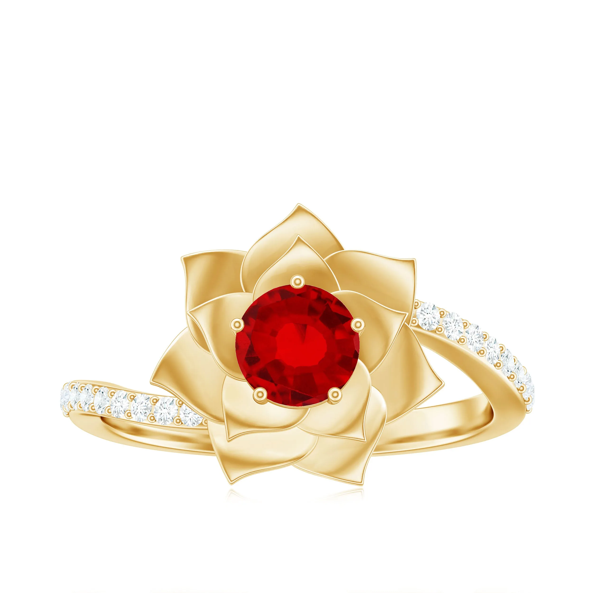 Lab-Created Ruby and Diamond Flower Ring in Bypass Shank