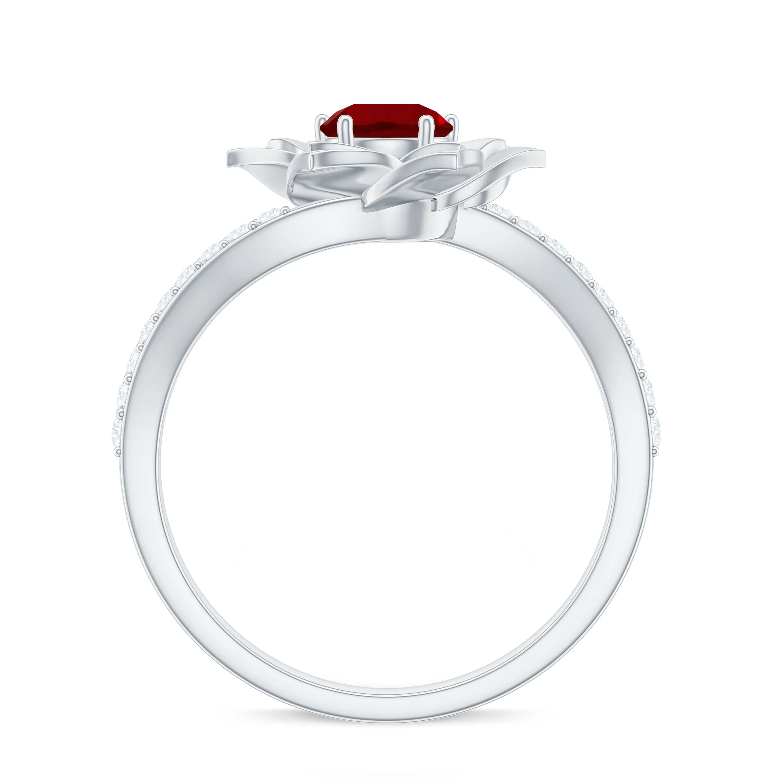 Lab-Created Ruby and Diamond Flower Ring in Bypass Shank