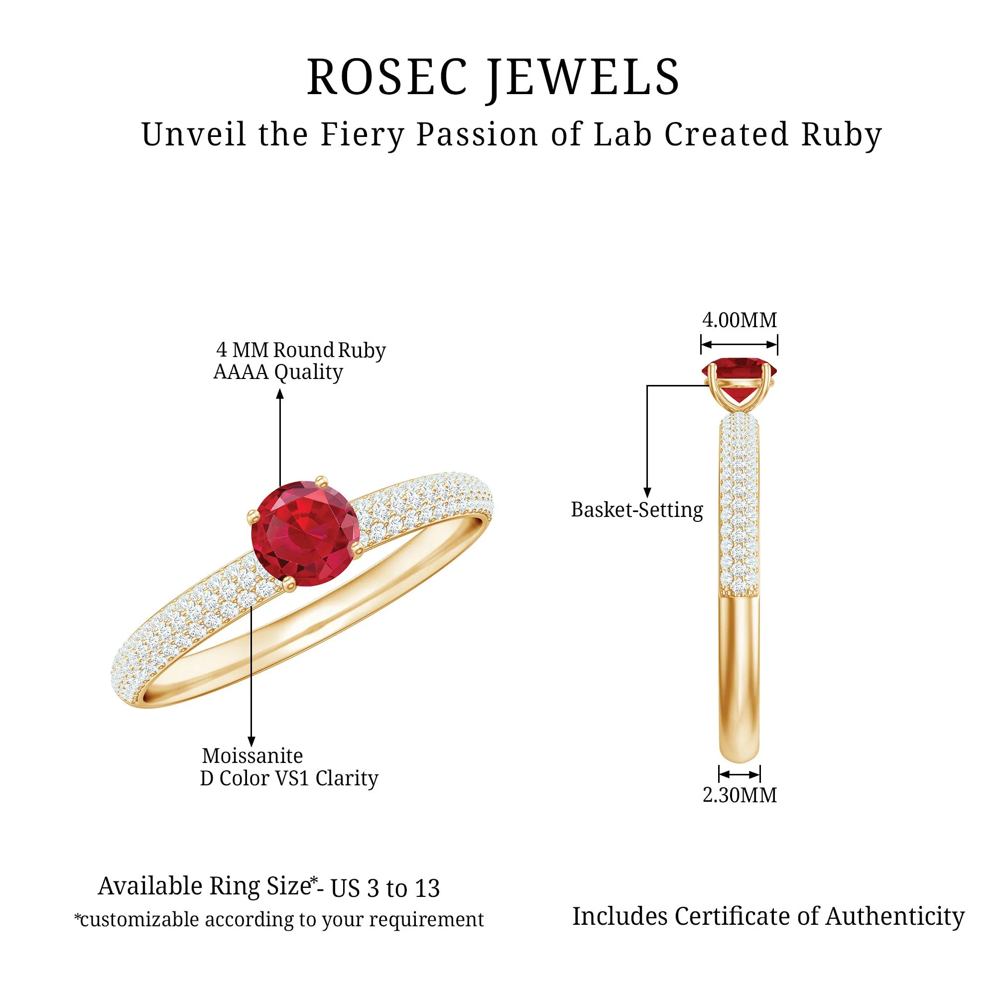 Lab Created Ruby Solitaire Ring with Moissanite Side Stones