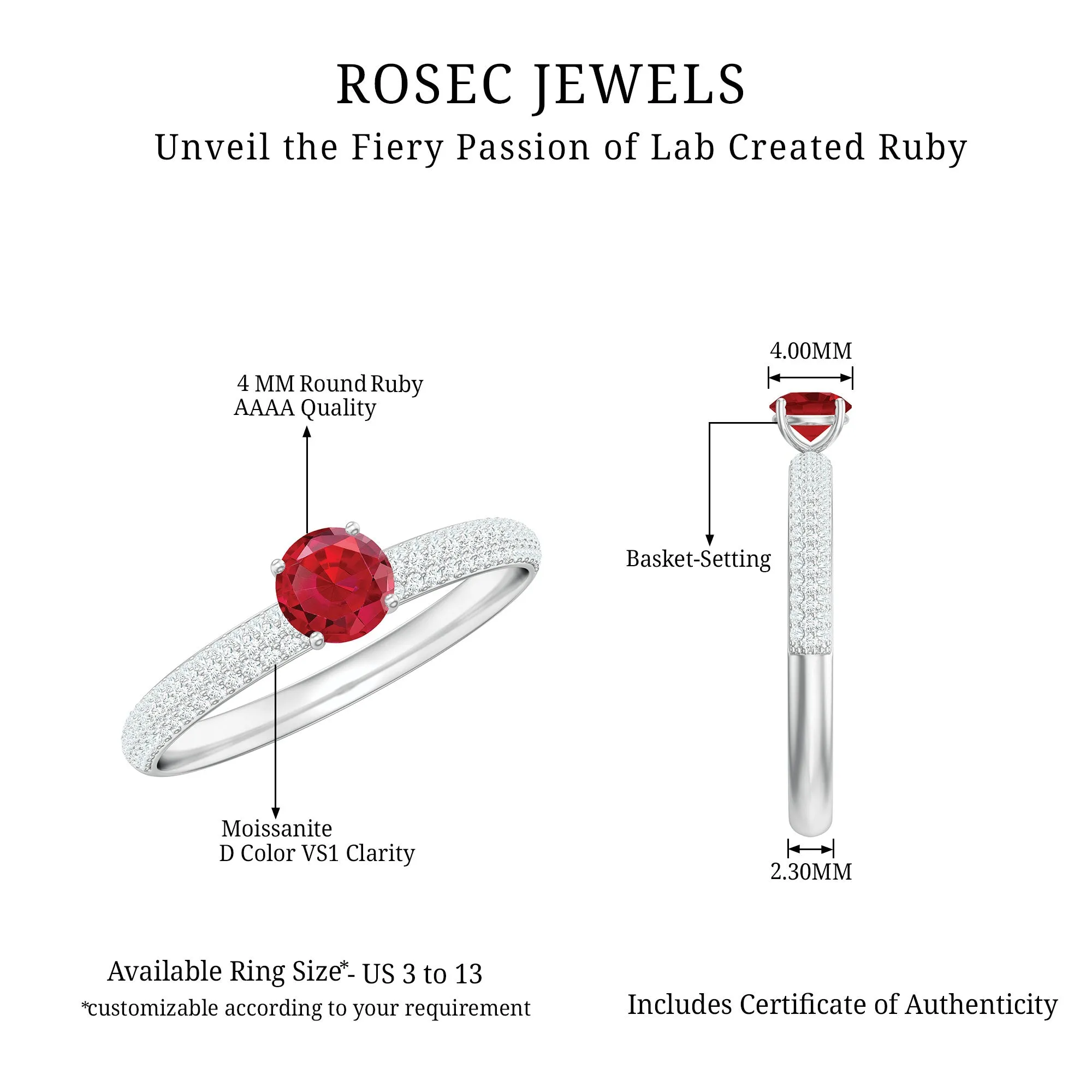 Lab Created Ruby Solitaire Ring with Moissanite Side Stones